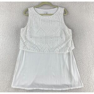 J. Jill White Eyelet Overlay Tunic Shirt Womens Sleeveless‎ Cotton Size Large